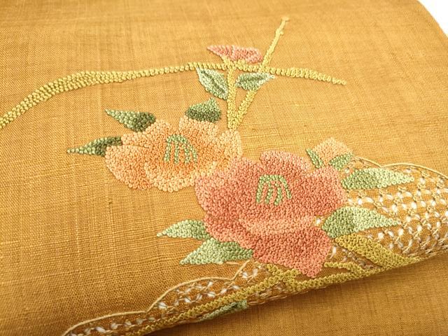 平和屋着物●中国三大刺繍　スワトウ相良刺繍　総刺繍　九寸開き名古屋帯　紬地　雲重ね枝椿　正絹　逸品　CABI8949hy