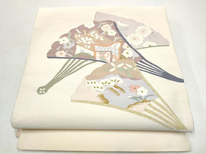 平和屋着物●爪掻き本綴れ　八寸名古屋帯　扇面草花文　金糸　正絹　逸品　CABI8950hy