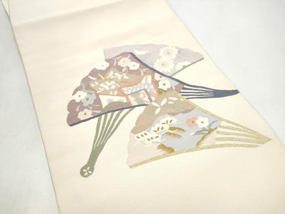 平和屋着物●爪掻き本綴れ　八寸名古屋帯　扇面草花文　金糸　正絹　逸品　CABI8950hy