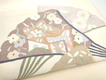 平和屋着物●爪掻き本綴れ　八寸名古屋帯　扇面草花文　金糸　正絹　逸品　CABI8950hy