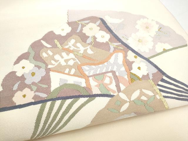 平和屋着物●爪掻き本綴れ　八寸名古屋帯　扇面草花文　金糸　正絹　逸品　CABI8950hy