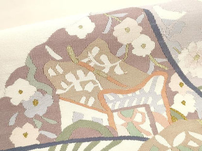平和屋着物●爪掻き本綴れ　八寸名古屋帯　扇面草花文　金糸　正絹　逸品　CABI8950hy