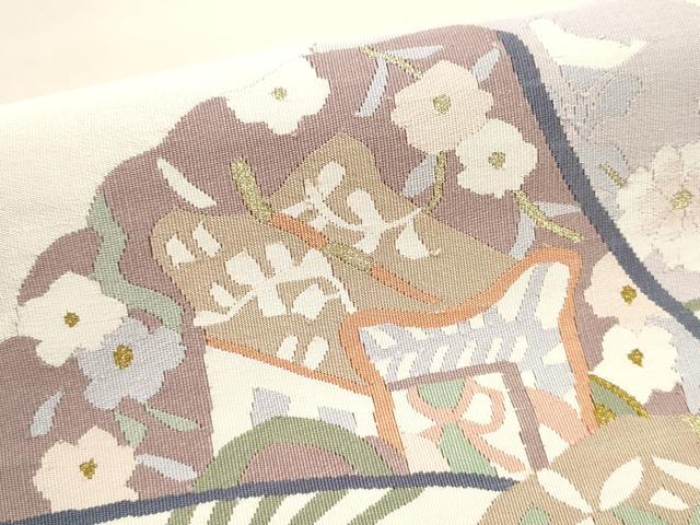 平和屋着物●爪掻き本綴れ　八寸名古屋帯　扇面草花文　金糸　正絹　逸品　CABI8950hy