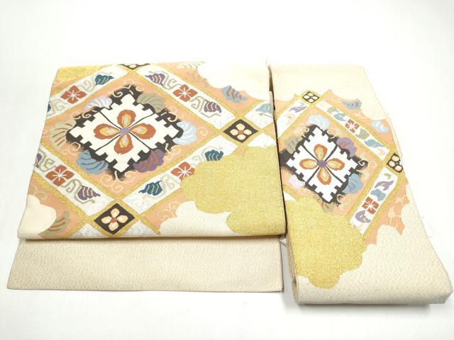 平和屋着物●爪掻き本綴れ　つけ帯　雲重ね花文　金糸　正絹　逸品　CABI8955hy