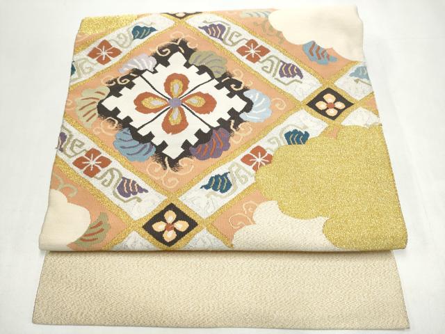 平和屋着物●爪掻き本綴れ　つけ帯　雲重ね花文　金糸　正絹　逸品　CABI8955hy