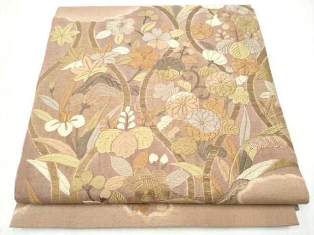 平和屋着物●太鼓柄袋帯　紬地　総刺繍　立涌花文　金糸　やまと誂製　正絹　逸品　CABI8963hy