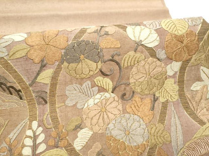 平和屋着物●太鼓柄袋帯　紬地　総刺繍　立涌花文　金糸　やまと誂製　正絹　逸品　CABI8963hy