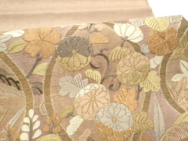 平和屋着物●太鼓柄袋帯　紬地　総刺繍　立涌花文　金糸　やまと誂製　正絹　逸品　CABI8963hy