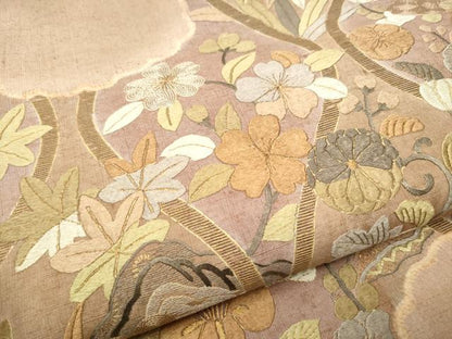 平和屋着物●太鼓柄袋帯　紬地　総刺繍　立涌花文　金糸　やまと誂製　正絹　逸品　CABI8963hy