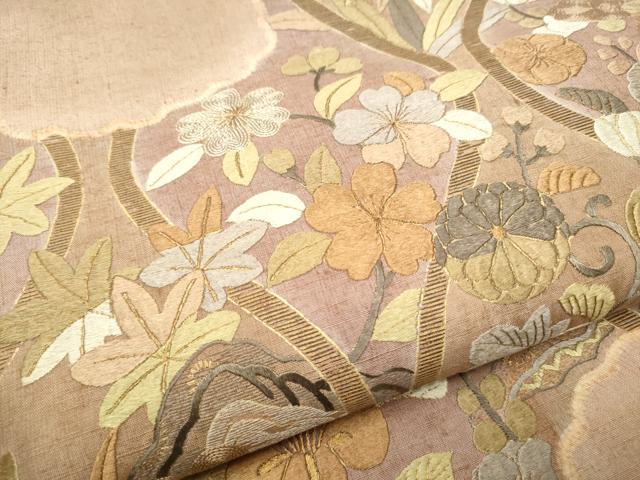 平和屋着物●太鼓柄袋帯　紬地　総刺繍　立涌花文　金糸　やまと誂製　正絹　逸品　CABI8963hy