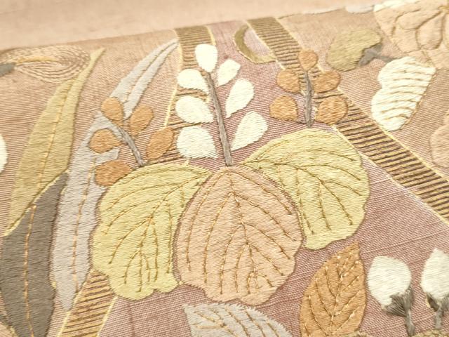 平和屋着物●太鼓柄袋帯　紬地　総刺繍　立涌花文　金糸　やまと誂製　正絹　逸品　CABI8963hy