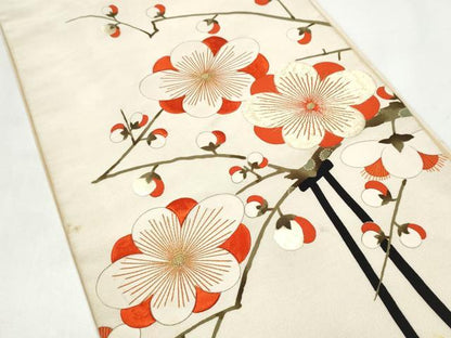 平和屋着物●アンティーク　大正ロマン　両面　六通柄袋帯　刺繍　枝梅文　金糸　正絹　逸品　CABI8975hy