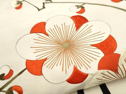 平和屋着物●アンティーク　大正ロマン　両面　六通柄袋帯　刺繍　枝梅文　金糸　正絹　逸品　CABI8975hy