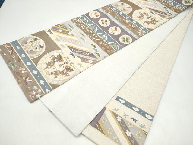 平和屋着物●爪掻き本綴れ　両面　六通柄袋帯　狩猟向かい鳥花文　金銀糸　正絹　逸品　CABI8976hy