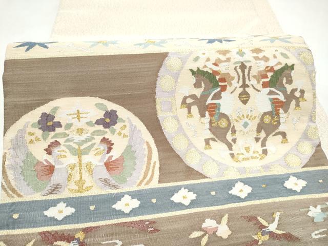 平和屋着物●爪掻き本綴れ　両面　六通柄袋帯　狩猟向かい鳥花文　金銀糸　正絹　逸品　CABI8976hy