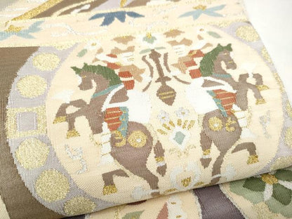 平和屋着物●爪掻き本綴れ　両面　六通柄袋帯　狩猟向かい鳥花文　金銀糸　正絹　逸品　CABI8976hy