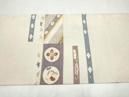 平和屋着物●爪掻き本綴れ　両面　六通柄袋帯　狩猟向かい鳥花文　金銀糸　正絹　逸品　CABI8976hy