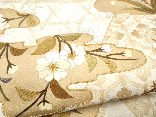 平和屋着物●太鼓柄袋帯　雲取り草花文　金糸　正絹　逸品　CABI8984hy