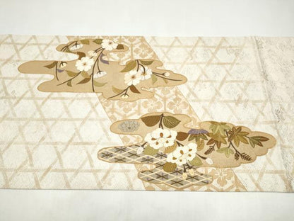 平和屋着物●太鼓柄袋帯　雲取り草花文　金糸　正絹　逸品　CABI8984hy