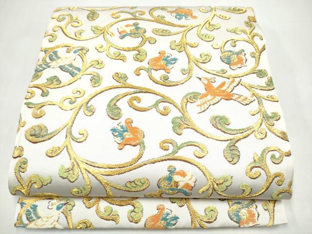 平和屋着物●六通柄　京袋帯　花鳥唐草文　金糸　正絹　逸品　CABI8997hy