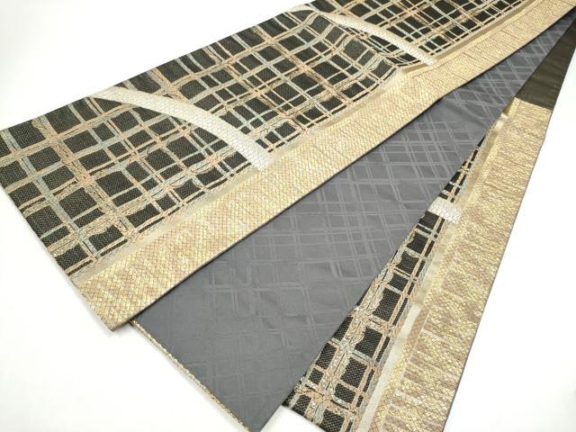 平和屋着物●六通柄袋帯　格子柄　金糸　正絹　逸品　CABI8999hy