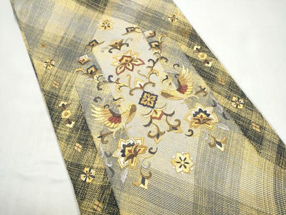 平和屋着物●ひなや工房　くむ・あむ・おる　伊豆蔵明彦　太鼓柄袋帯　総刺繍　向かい鳥花文　金糸　証紙付き　正絹　逸品　CABI9010hy