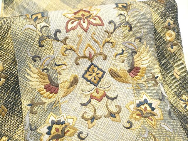 平和屋着物●ひなや工房　くむ・あむ・おる　伊豆蔵明彦　太鼓柄袋帯　総刺繍　向かい鳥花文　金糸　証紙付き　正絹　逸品　CABI9010hy