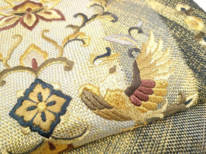 平和屋着物●ひなや工房　くむ・あむ・おる　伊豆蔵明彦　太鼓柄袋帯　総刺繍　向かい鳥花文　金糸　証紙付き　正絹　逸品　CABI9010hy