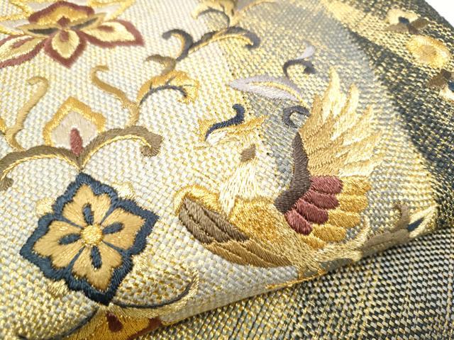 平和屋着物●ひなや工房　くむ・あむ・おる　伊豆蔵明彦　太鼓柄袋帯　総刺繍　向かい鳥花文　金糸　証紙付き　正絹　逸品　CABI9010hy