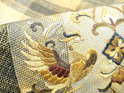 平和屋着物●ひなや工房　くむ・あむ・おる　伊豆蔵明彦　太鼓柄袋帯　総刺繍　向かい鳥花文　金糸　証紙付き　正絹　逸品　CABI9010hy