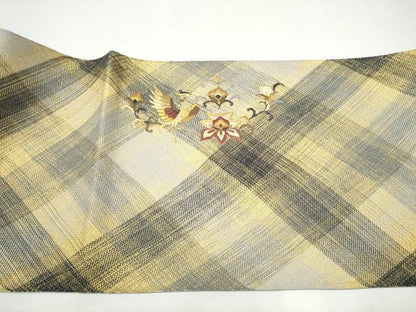 平和屋着物●ひなや工房　くむ・あむ・おる　伊豆蔵明彦　太鼓柄袋帯　総刺繍　向かい鳥花文　金糸　証紙付き　正絹　逸品　CABI9010hy
