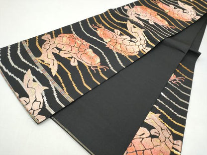 平和屋着物●六通柄　本袋帯　荒磯　黒地　金銀糸　正絹　逸品　CABI9018hy