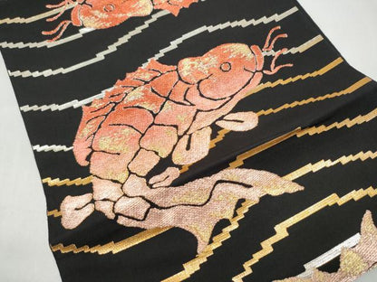 平和屋着物●六通柄　本袋帯　荒磯　黒地　金銀糸　正絹　逸品　CABI9018hy