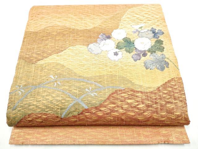 平和屋着物▽太鼓柄袋帯　スリーシーズン　春夏秋　すくい織　枝菊文　金糸　正絹　逸品　CABI9025hy