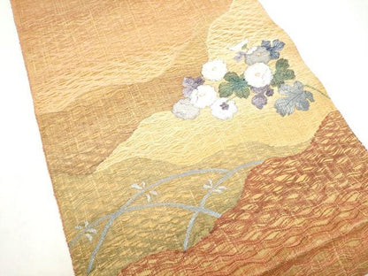 平和屋着物▽太鼓柄袋帯　スリーシーズン　春夏秋　すくい織　枝菊文　金糸　正絹　逸品　CABI9025hy