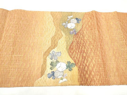 平和屋着物▽太鼓柄袋帯　スリーシーズン　春夏秋　すくい織　枝菊文　金糸　正絹　逸品　CABI9025hy