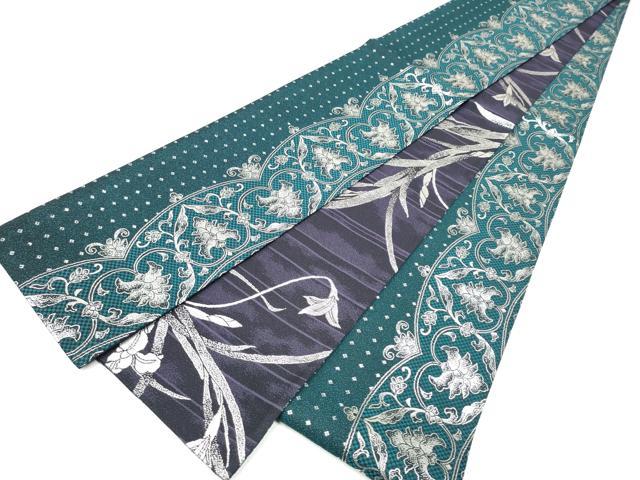 平和屋着物●両面　半幅帯　更紗花文　銀糸　正絹　逸品　CABI9039hy