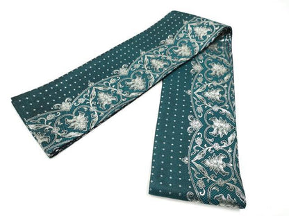 平和屋着物●両面　半幅帯　更紗花文　銀糸　正絹　逸品　CABI9039hy
