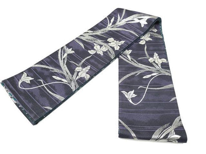 平和屋着物●両面　半幅帯　更紗花文　銀糸　正絹　逸品　CABI9039hy