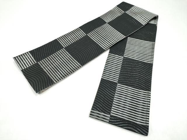 平和屋着物●両面　半幅帯　横段文　黒地　銀糸　やまと誂製　正絹　逸品　CABI9048hy