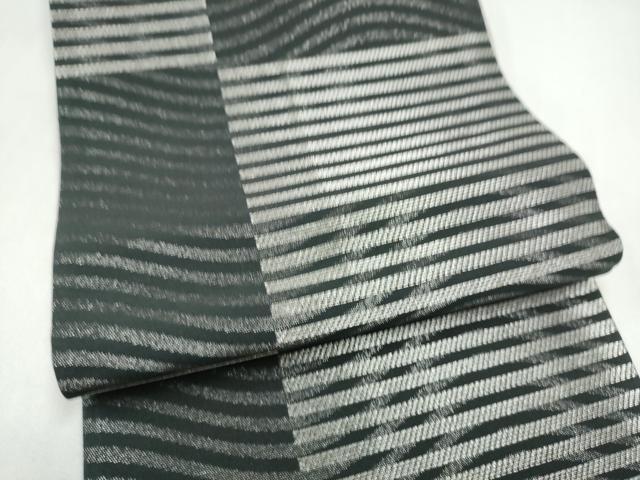 平和屋着物●両面　半幅帯　横段文　黒地　銀糸　やまと誂製　正絹　逸品　CABI9048hy