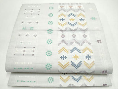 平和屋着物●六通柄袋帯　花織　紫根染　幾何学文様　正絹　逸品　CABI9053hy