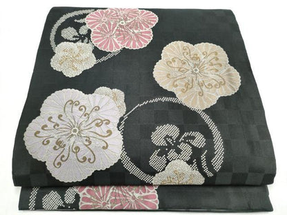 平和屋着物●両面　全通柄　京袋帯　舞花文　黒地　正絹　逸品　CABI9055hy
