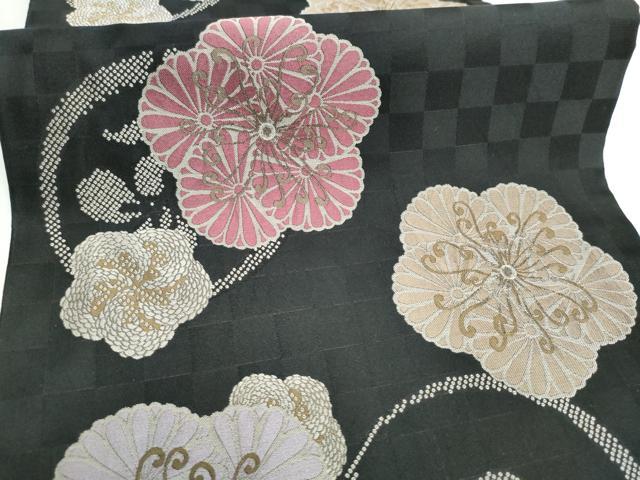 平和屋着物●両面　全通柄　京袋帯　舞花文　黒地　正絹　逸品　CABI9055hy