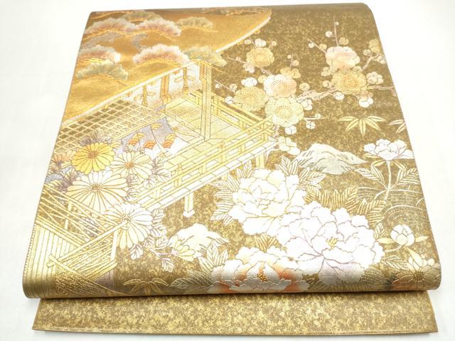 平和屋着物●金彩友禅　卓越技能者・名工・和田光正　太鼓柄袋帯　松竹梅風景花文　金銀彩　正絹　逸品　CABI9056hy
