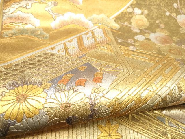 平和屋着物●金彩友禅　卓越技能者・名工・和田光正　太鼓柄袋帯　松竹梅風景花文　金銀彩　正絹　逸品　CABI9056hy