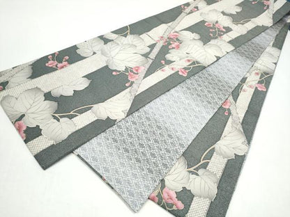 平和屋着物●両面　全通柄袋帯　紬地　草花文　銀通し地　正絹　逸品　CABI9063hy
