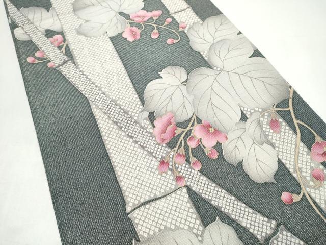 平和屋着物●両面　全通柄袋帯　紬地　草花文　銀通し地　正絹　逸品　CABI9063hy