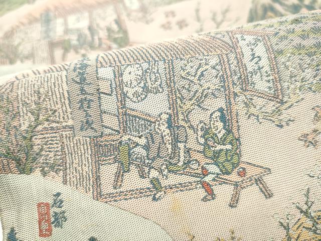 平和屋着物●山喜織物謹製　萬葉　紹巴　全通柄袋帯　人物風景文　正絹　逸品　CABI9077hy