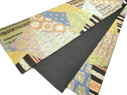 平和屋着物●全通柄　本袋帯　裂取名物裂類集　黒地　金糸　正絹　逸品　CABI9078hy